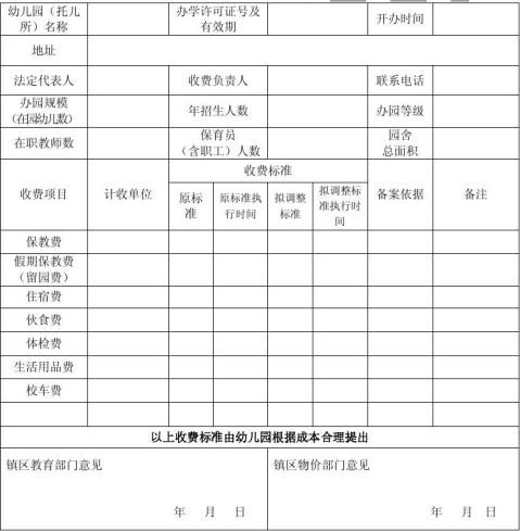 民办幼儿园收费备案表填写范例